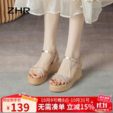 ZHR坡跟凉鞋女夏真牛皮厚底女鞋时尚细带水钻高跟鞋子女 AY92 香槟38