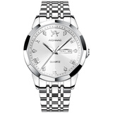 爱琴鸟瑞士认证手表男士石英表 情侣一对表防水商务名表 送情人节礼物 银壳白面-男款