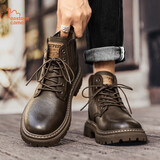 东方骆驼牛皮马丁靴男2025秋季新款男鞋中帮复古工装潮鞋子男士皮靴 S68卡其系带【四季款】 41