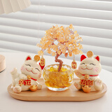 赟娅黄水晶发财树招财猫入户玄关办公室桌面摆件家居装饰乔迁生日礼物 招财进宝招财猫发财树套装【金色】