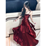 GJFD【烛光夜曲】人鱼姬荷叶边红色连衣裙高级感新款成人礼毕业礼服裙 酒红色 长款 M
