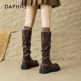达芙妮厚底长筒靴女2025新款秋冬季加绒靴粗跟褶皱堆堆骑士靴显瘦裤管靴