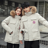 FNKM反季羽绒服男女大码冬季学生防寒服大毛领加厚工装派克服情侣外套 米白色 XL 建议【115-130斤】