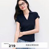 伊芙丽2025夏季新款女装V领Polo上衣高弹修身插肩短袖T恤 藏青 预售[30天]发 L