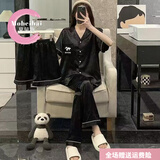 莫贝海（mobeihai）冰丝睡衣女夏季三件套装短袖长裤2026新款春可外穿大码熊猫家居服 熊猫黑色三件套 L 90-105斤