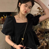 VEOX2025年甜美设计感泡泡袖方领娃娃衬衫女短款黑色短袖女显瘦上衣女 黑色 2XL _130-140斤