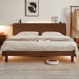 源氏木语全实木床现代简约橡木多功能主卧大床北欧风小户型卧室夜灯双人床 橡胶木胡桃色低铺1.8*2m无垫
