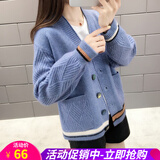 欧贝汐毛衣女开衫外搭春秋冬季V领设计感新款女装短款针织衫厚外套 蓝色 均码