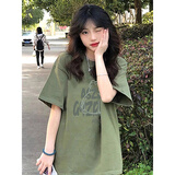 纯棉重磅绿色短袖t恤女夏季宽松设计感美式复古小个子半袖上衣服 绿色【纯棉重磅】 M （80-100斤）