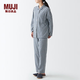 无印良品 MUJI 女式无侧缝双层纱织睡衣纯棉全棉 FDA20C1A 女士家居服套装 藏青色格纹 S-M