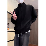 主意范（ZHUYIFAN）双拉链开衫毛衣外套男半高领加厚保暖秋冬oversize情侣针织衫夹克 黑色 半高领 XL 125-145斤
