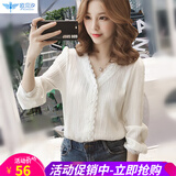 欧贝汐春夏秋冬新款韩版蕾丝长袖衬衫女装内搭雪纺衫上衣v领打底衫 白色 L