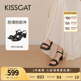 KISS CAT接吻猫【美洋同款】女鞋高跟凉鞋舒适简约方头粗跟一字带凉鞋 黑色 羊绒面 37