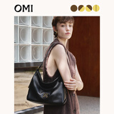 OMI欧米真皮hobo包腋下包单肩托特包包女斜挎包简约百搭轻奢黑色通勤 深邃黑