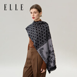 ELLE100%绵羊毛花卉提花围巾女秋冬季时尚新款保暖两用围脖礼盒装新年