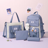 第九城（V.NINE）双肩包男孩女生卡通印花书包四件套帆布背包校园中小学生书包蓝色
