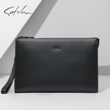 SATCHI沙驰信封包休闲大容量手拿包头层牛皮多隔层手抓包百搭手包送男友 黑色