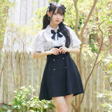 ROJITA日系清楚系甜美女修身西装短裙女夏季可拆式斗篷连衣裙(1413846) 黑色