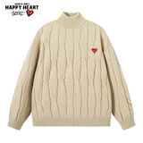 查尔斯桃心针织衫男女情侣款爱心刺绣休闲保暖高领针织毛衣男女同款 杏色 M