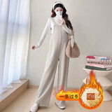 依鎏衣品秋冬孕妇装纯棉背带裤加绒加厚宽松腹部可调节吊带阔腿裤保暖套装 杏色+白毛衣/套装 L适合115-130斤