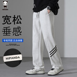 HIPANDA休闲裤男秋季重磅条纹运动宽松直筒休闲垂感运动长裤男浅花灰XL