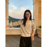 pusumede慵懒风条纹毛衣女秋冬圆领显瘦休闲百搭羊毛针织衫上衣 杏底蓝条 S