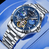 马克华菲（MARK FAIRWHALE）手表男士机械表多功能全自动男表时尚瑞士品质防水夜光机械国表 星辰系列-银壳蓝面钢带