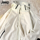 JEEP SPIRIT吉普外套男士夹克春秋潮流时尚连帽户外运动冲锋衣男装米白色2XL