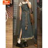 婍妡复古水洗毛边牛仔背带裙女夏季新款ins韩版宽松显瘦长款连衣裙潮 复古蓝_[腰带]裙长100-105左右 S _高现货