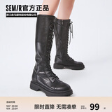 Semir官方正品切尔西靴女靴春秋季新款骑士靴增高显瘦长筒系带弹力靴女 黑色 37
