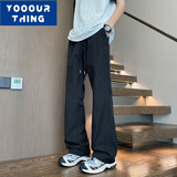YOOOURTHING黑色微喇春秋季新款休闲裤男阔腿美式潮牌宽松直筒百搭工装裤子 黑色 XL 【建议125-150斤】