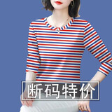 捡漏2026春秋新款妈妈装长袖圆领打底衫遮肚显瘦T恤女上衣潮 16181【蓝红条】上衣长袖 M 建议80-95