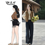 妍莉芬（yanlifen）秋季女装穿搭衣服一整套大码衬衫叠穿马甲牛仔裤子秋冬三件套装女 三件套装 XL (建议120-140斤)