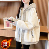 ROAR UTHAUG连帽卫衣外套女2025新款休闲百搭秋冬加绒加厚拼色连帽卫衣外套 灰色 M 适合80-120斤穿