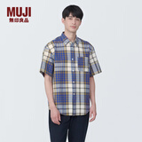 无印良品（MUJI）男式 马德拉斯格纹纽扣领短袖衬衫男士衬衣外套纯棉全棉 AC1W8A4S 藏青色格纹 L （175/100A）