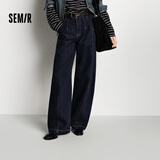 森马（Semir）牛仔裤女冬季分割抓毛拖地裤酷飒风显腿长弯刀裤109725124008