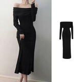 妙奕嘉一字肩修身包臀连衣裙黑色裙子长裙礼服成年纯欲性感紧身气质辣妹 长袖黑色一字领掐腰御姐包臀长裙 XL 【建议90-118斤】