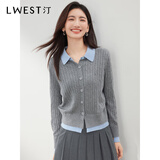 朗文斯汀（L.WEST）坑条纹针织开衫女秋季新款简约通勤假两件拼接上衣 灰色 XL 120-135斤