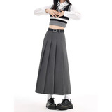 麓格立 半身裙女新款百褶西装中长裙高腰a字裙遮胯高级感优雅显瘦休闲裙 灰色含腰带M【建议90-105斤】