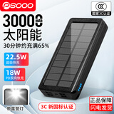 PSOOO 太阳能充电宝30000毫安快充22.5W大容量移动电源户外防水防尘防震露营灯适用于苹果华为手机通用 黑色/22.5W快充/3万毫安 提速版  大礼包