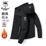 西域骆驼（VANCAMEL）夹克男秋冬连帽外套休闲男士上衣加绒加厚保暖男装 黑色 3XL