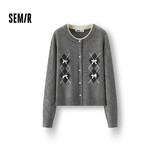 森马（Semir）针织开衫女冬季短款蝴蝶结菱格假两件2025少女感毛衫109725106006