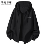 马克华菲重磅开衫卫衣男春秋黑色休闲帽衫宽松百搭拉链连帽外套 黑 2XL