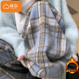 棉致毛呢格子裤子女秋冬季新款宽松阔腿高腰运动休闲卫裤加绒 687青色【不加绒高品质】 L 100-120斤