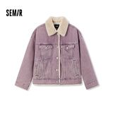 森马（Semir）牛仔外套女拼接仿兔毛翻领宽松港风冬季落肩夹棉夹克103724108001