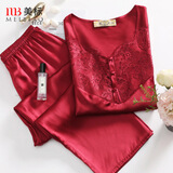 美标送礼物真丝睡衣女长袖套装春秋性感100%桑蚕丝绸睡衣蕾丝家居服夏 枣红色 3XL (180/100A)