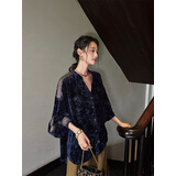 三吉黑花【黛光山】抓皱烫金民族风丝绒衬衫 藏蓝 S