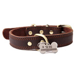 KAMPET牛皮狗项圈狗绳牵引绳狗圈颈圈狗脖圈狗脖套定制刻字宠物身份牌 深棕色狗项圈+不锈钢骨头狗牌 中号2.5(脖围40-50CM