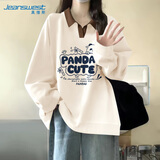 真维斯（Jeanswest）卫衣女秋冬新款2025Polo领学院风印花宽松外套小个子薄款上衣服