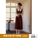 独束大码女装假两件撞色衬衫领连衣裙女秋冬微胖mm文艺复古穿搭裙子 勃艮第红【适合165左右】 M